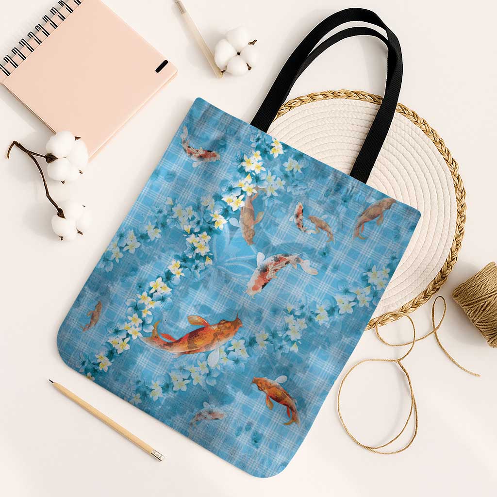 Blue Palaka Hawaiian And Japanese Tote Bag Sakura Lei With Koi Fish - Polynesian Pride