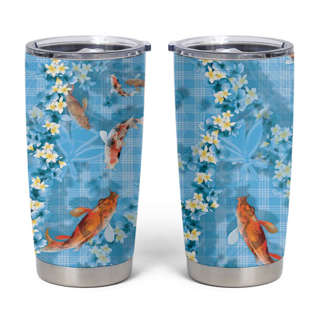 Blue Palaka Hawaiian And Japanese Tumbler Cup Sakura Lei With Koi Fish - Polynesian Pride