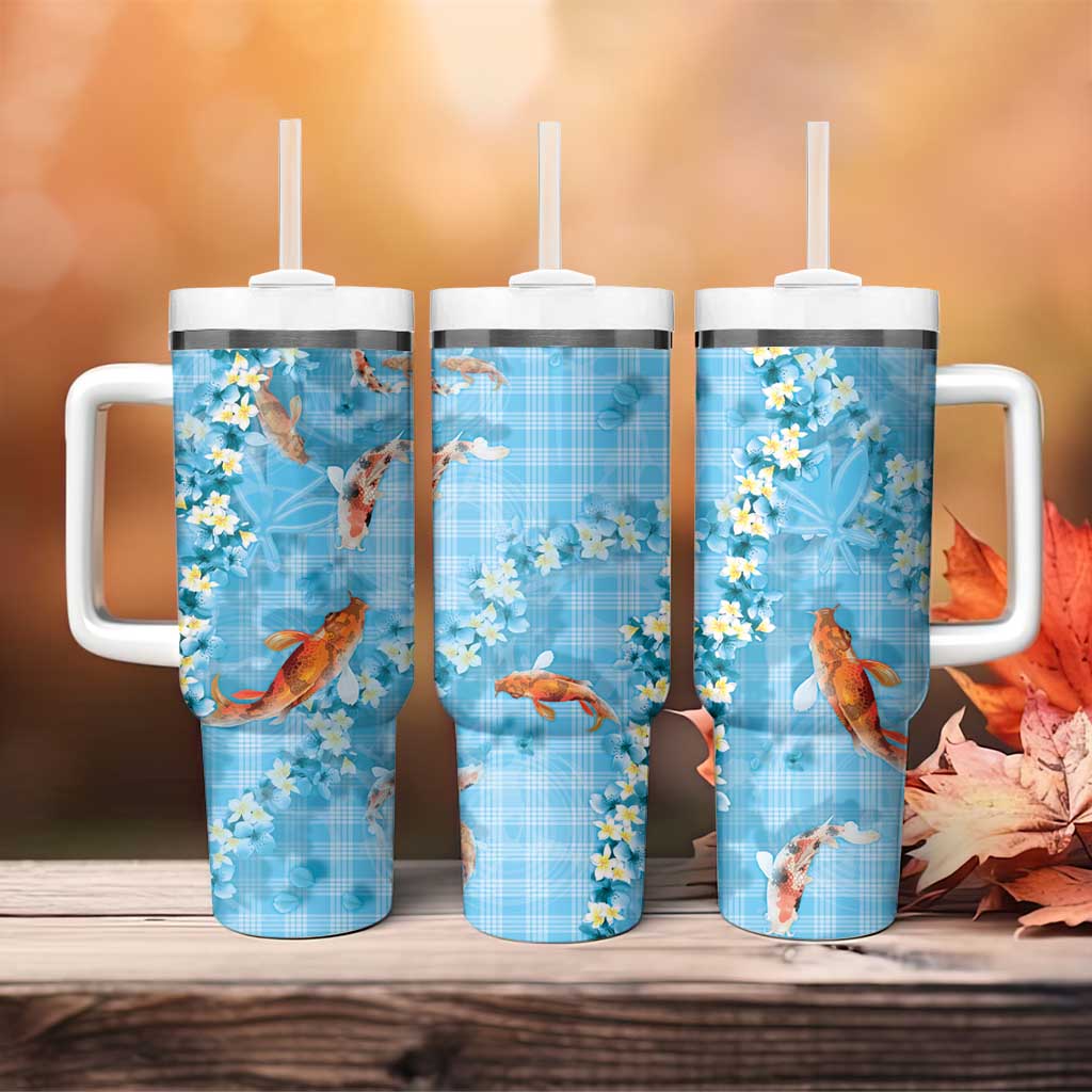 Blue Palaka Hawaiian And Japanese Tumbler With Handle Sakura Lei With Koi Fish - Polynesian Pride