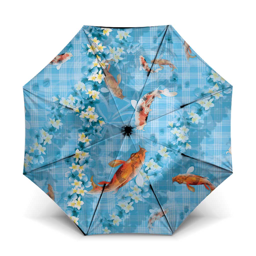 Blue Palaka Hawaiian And Japanese Umbrella Sakura Lei With Koi Fish - Polynesian Pride