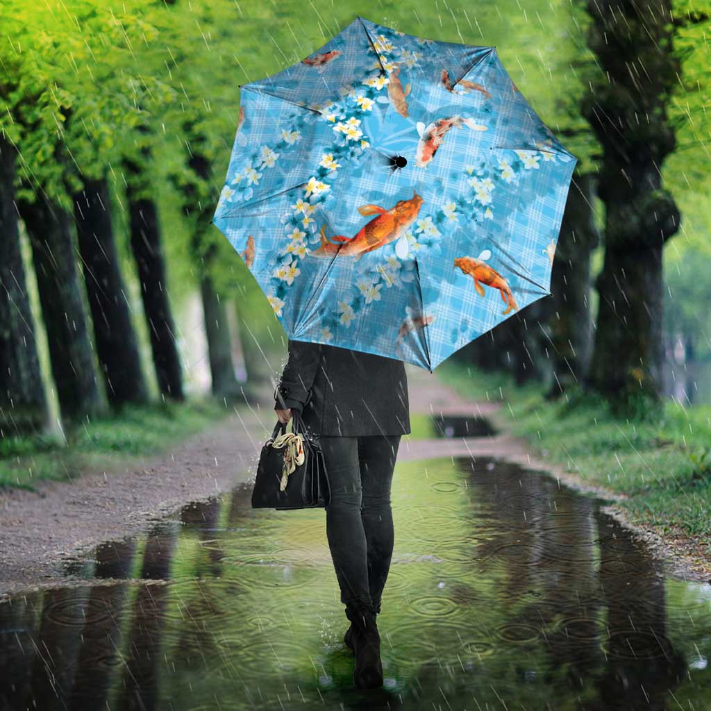 Blue Palaka Hawaiian And Japanese Umbrella Sakura Lei With Koi Fish - Polynesian Pride