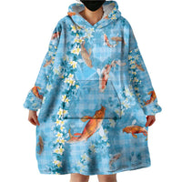 Blue Palaka Hawaiian And Japanese Wearable Blanket Hoodie Sakura Lei With Koi Fish - Polynesian Pride