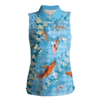 Blue Palaka Hawaiian And Japanese Women Sleeveless Polo Shirt Sakura Lei With Koi Fish - Polynesian Pride