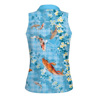 Blue Palaka Hawaiian And Japanese Women Sleeveless Polo Shirt Sakura Lei With Koi Fish - Polynesian Pride