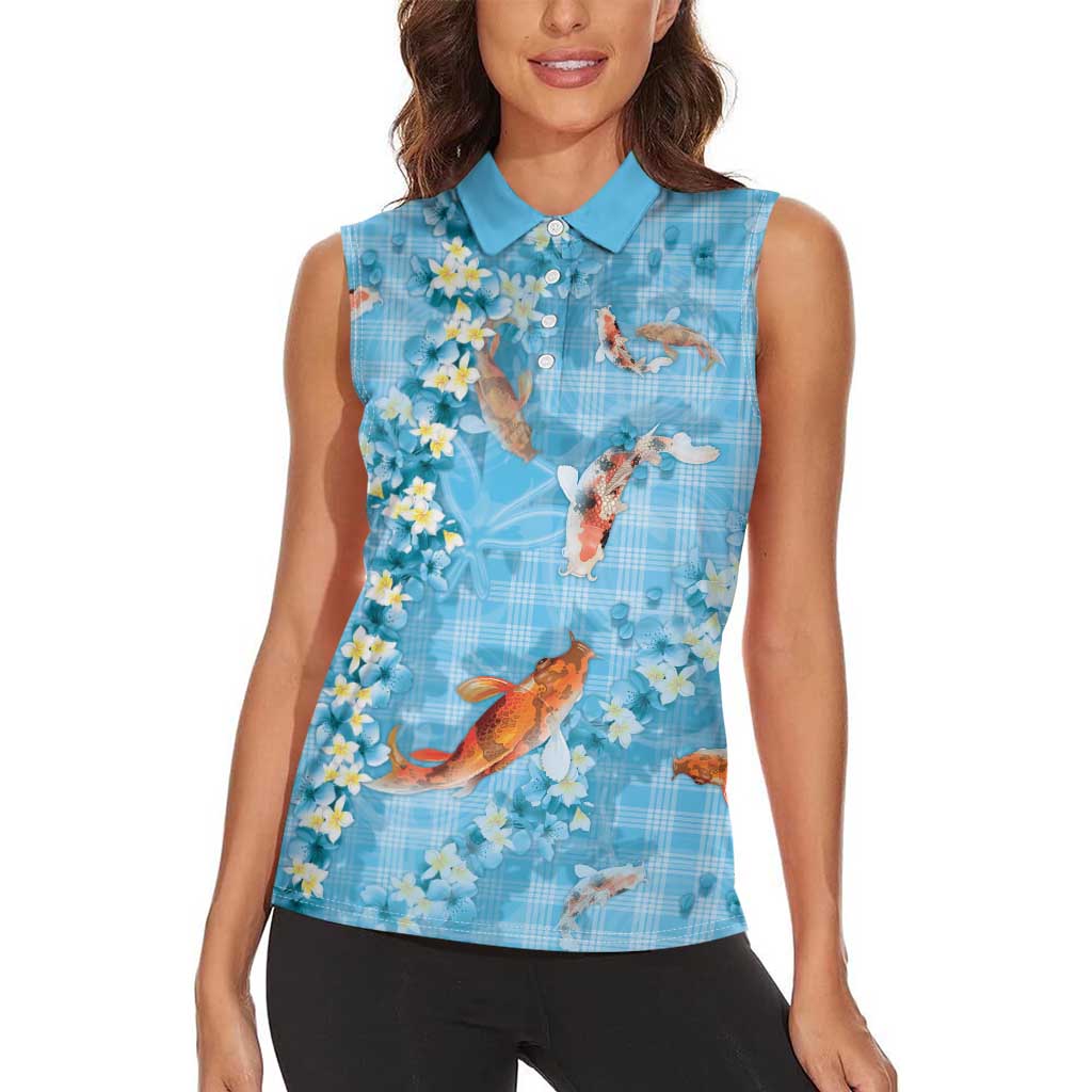 Blue Palaka Hawaiian And Japanese Women Sleeveless Polo Shirt Sakura Lei With Koi Fish - Polynesian Pride