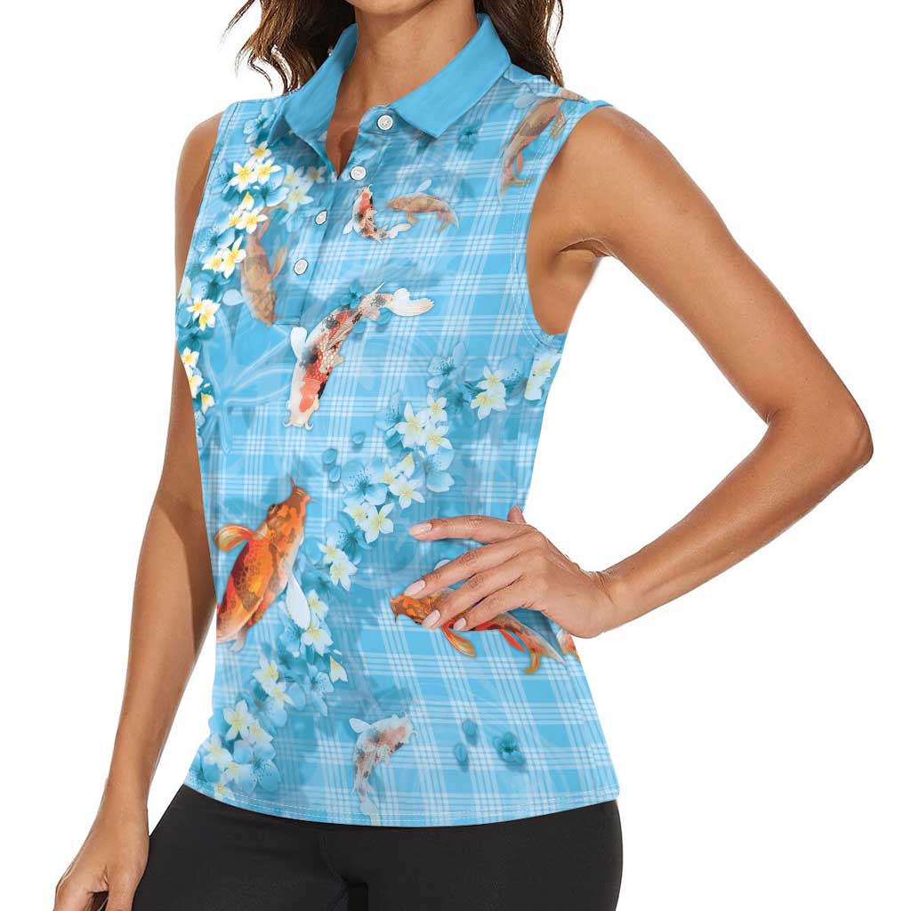 Blue Palaka Hawaiian And Japanese Women Sleeveless Polo Shirt Sakura Lei With Koi Fish - Polynesian Pride