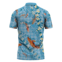 Blue Palaka Hawaiian And Japanese Zipper Polo Shirt Sakura Lei With Koi Fish - Polynesian Pride