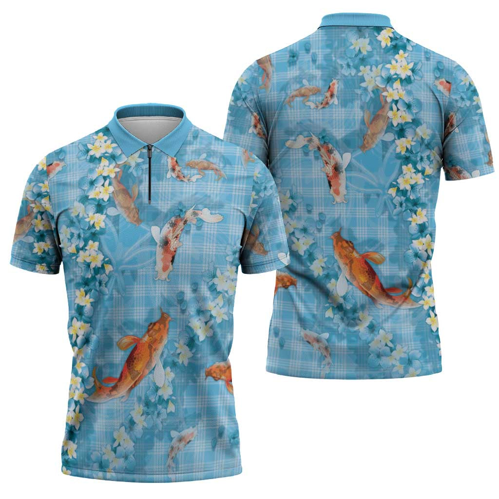 Blue Palaka Hawaiian And Japanese Zipper Polo Shirt Sakura Lei With Koi Fish - Polynesian Pride