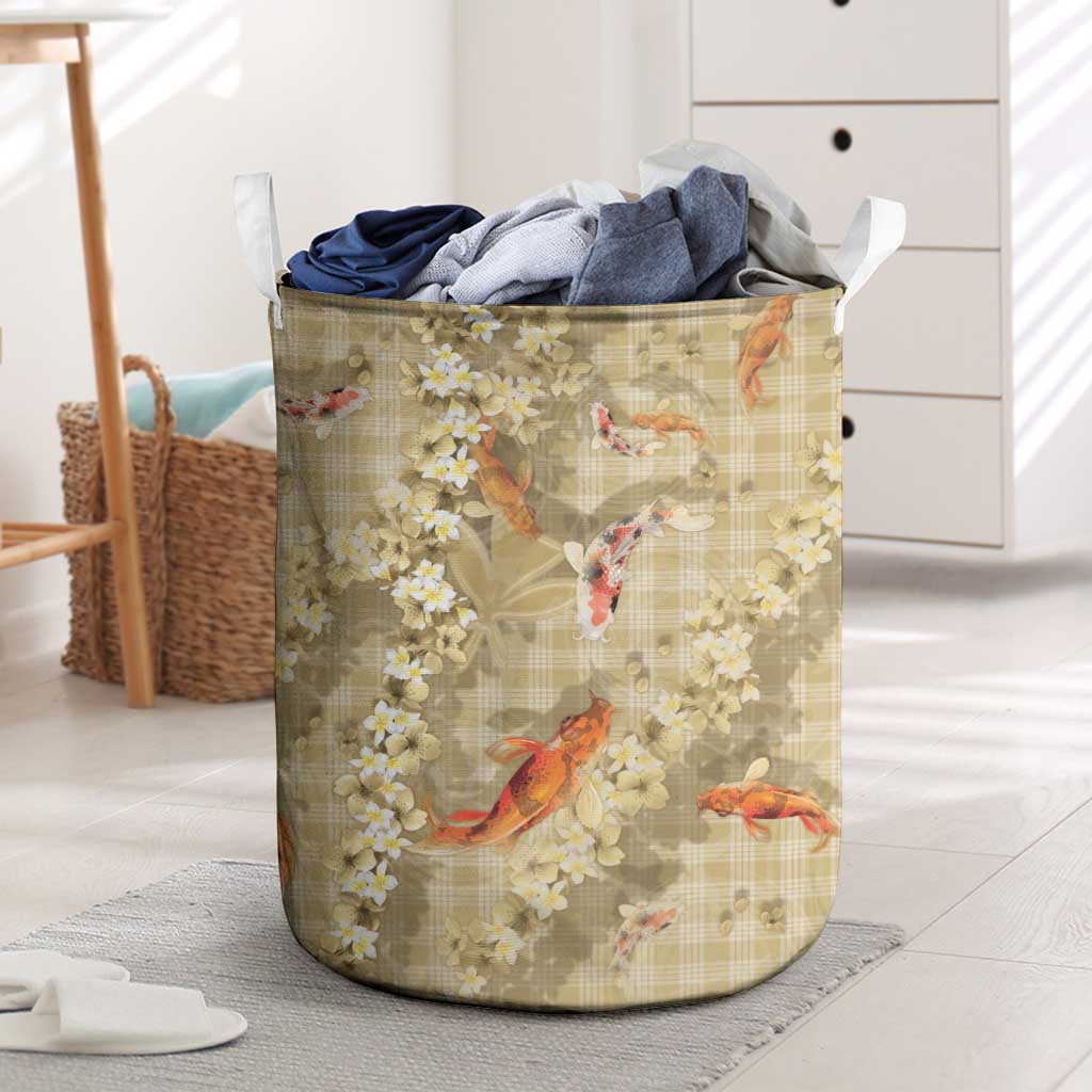 Beige Palaka Hawaiian And Japanese Laundry Basket Sakura Lei With Koi Fish DT05 Beige - Polynesian Pride