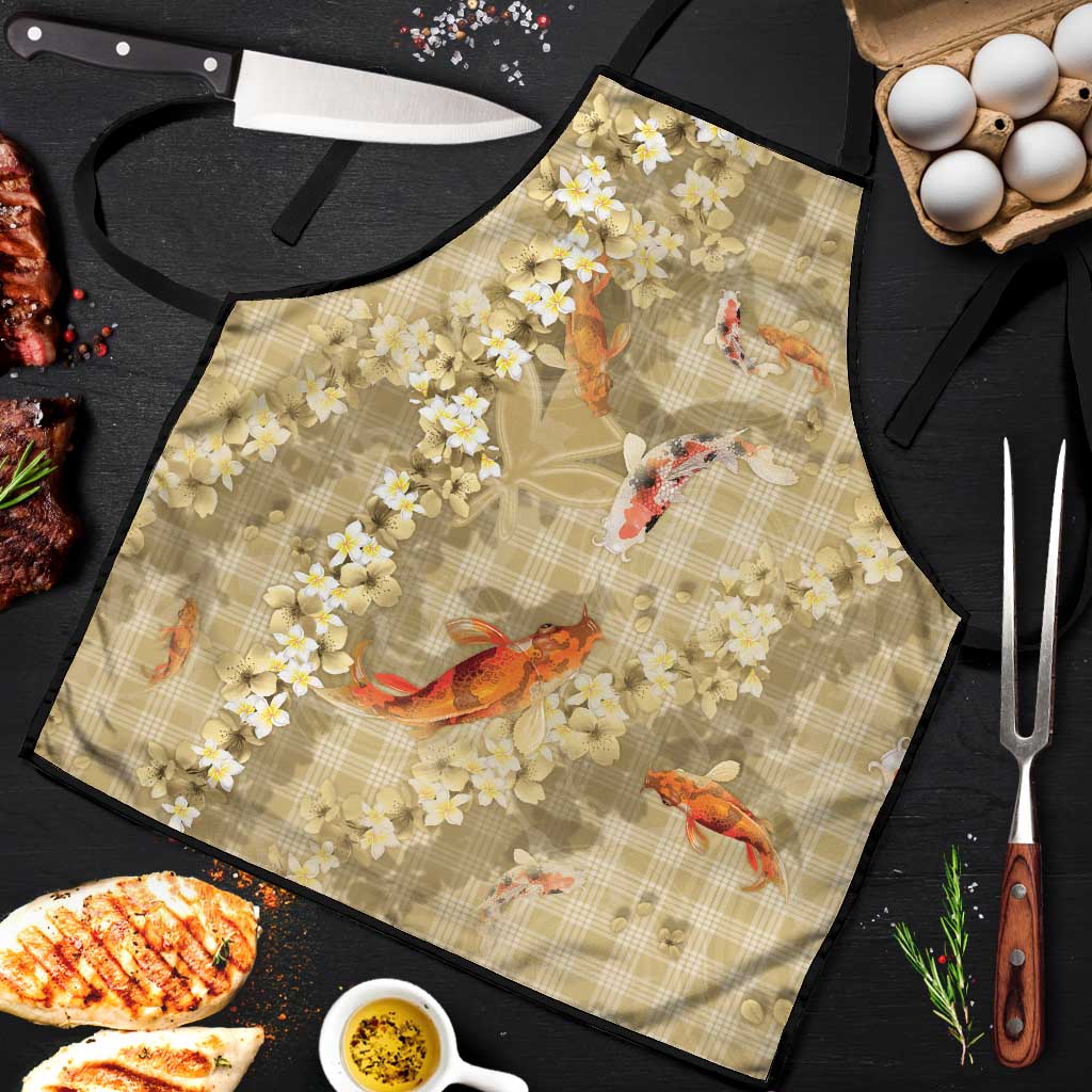 Beige Palaka Hawaiian And Japanese Apron Sakura Lei With Koi Fish - Polynesian Pride