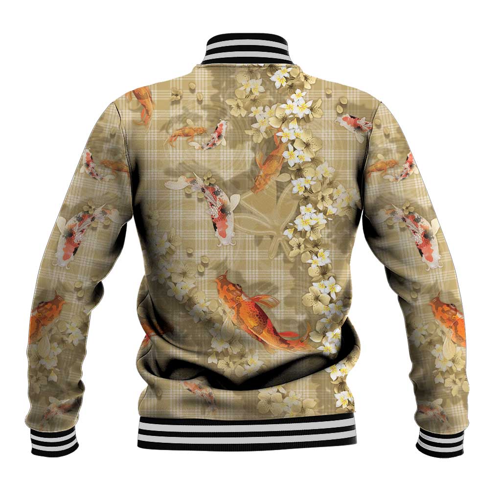 Beige Palaka Hawaiian And Japanese Baseball Jacket Sakura Lei With Koi Fish - Polynesian Pride