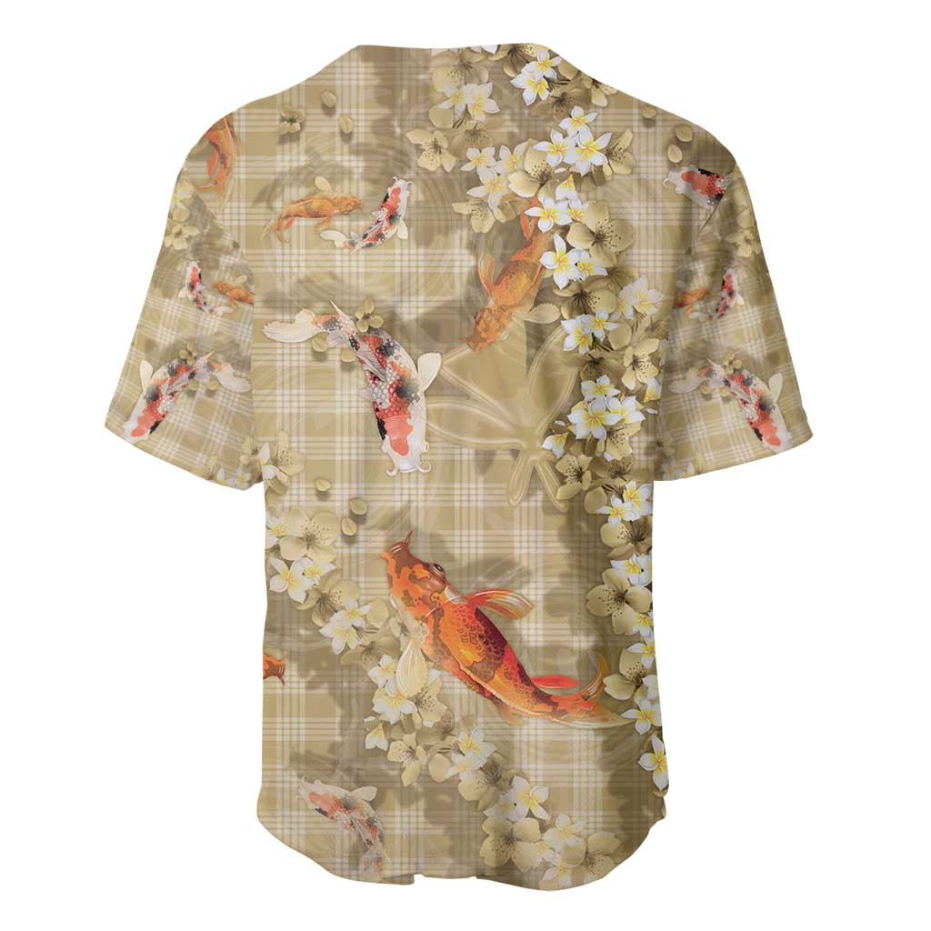 Beige Palaka Hawaiian And Japanese Baseball Jersey Sakura Lei With Koi Fish - Polynesian Pride