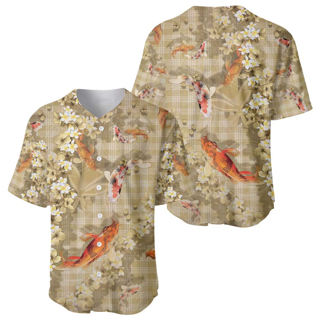 Beige Palaka Hawaiian And Japanese Baseball Jersey Sakura Lei With Koi Fish - Polynesian Pride
