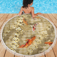 Beige Palaka Hawaiian And Japanese Beach Blanket Sakura Lei With Koi Fish - Polynesian Pride