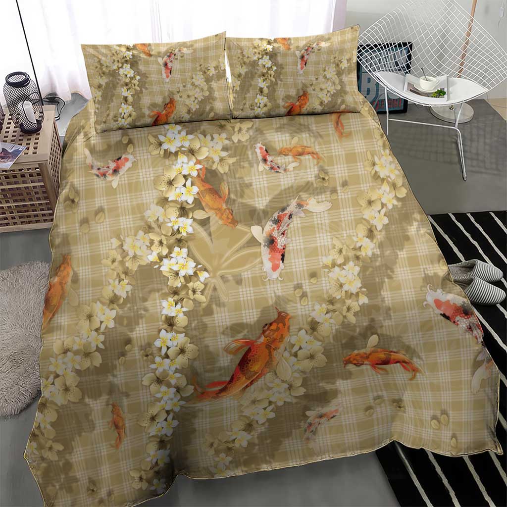 Beige Palaka Hawaiian And Japanese Bedding Set Sakura Lei With Koi Fish - Polynesian Pride