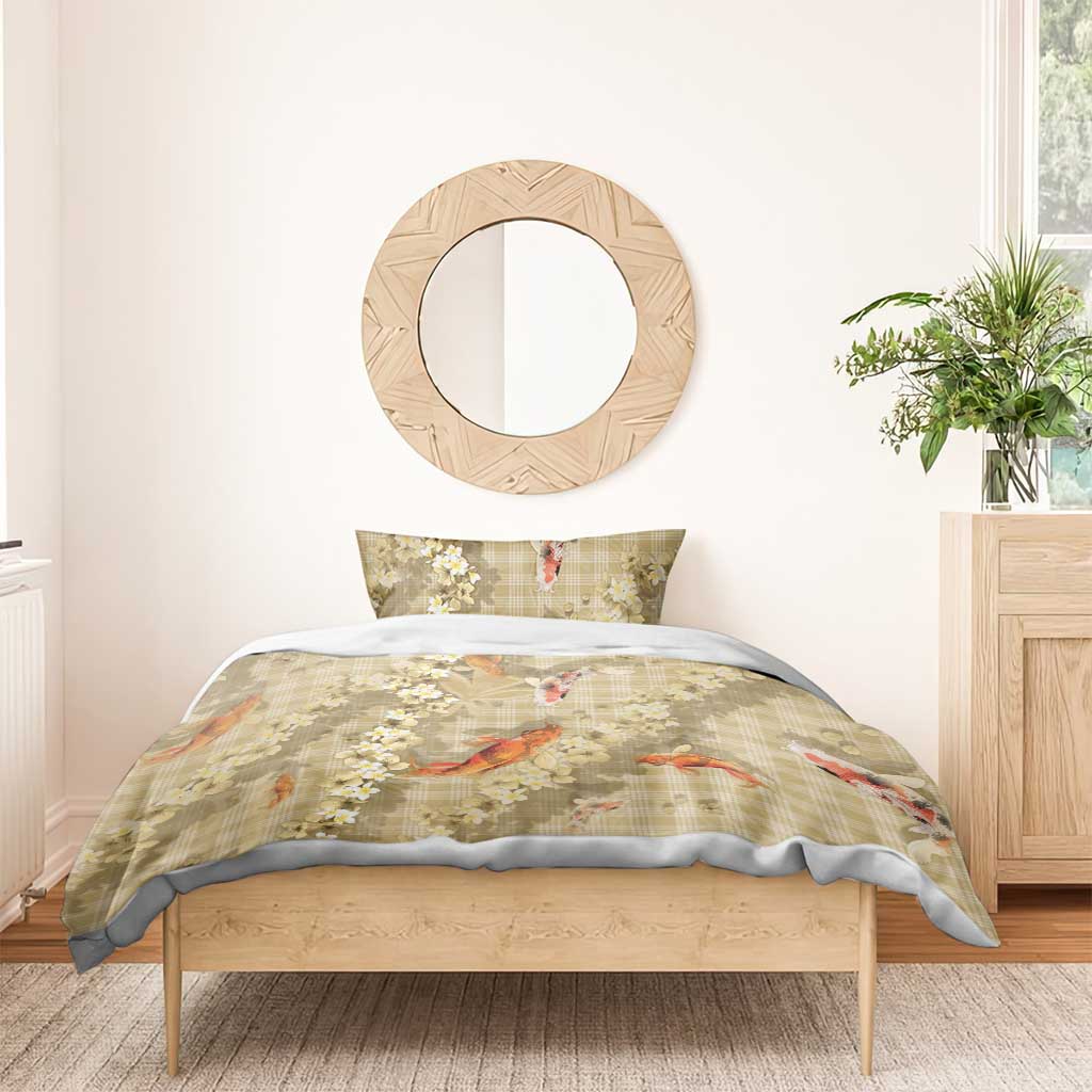 Beige Palaka Hawaiian And Japanese Bedding Set Sakura Lei With Koi Fish - Polynesian Pride