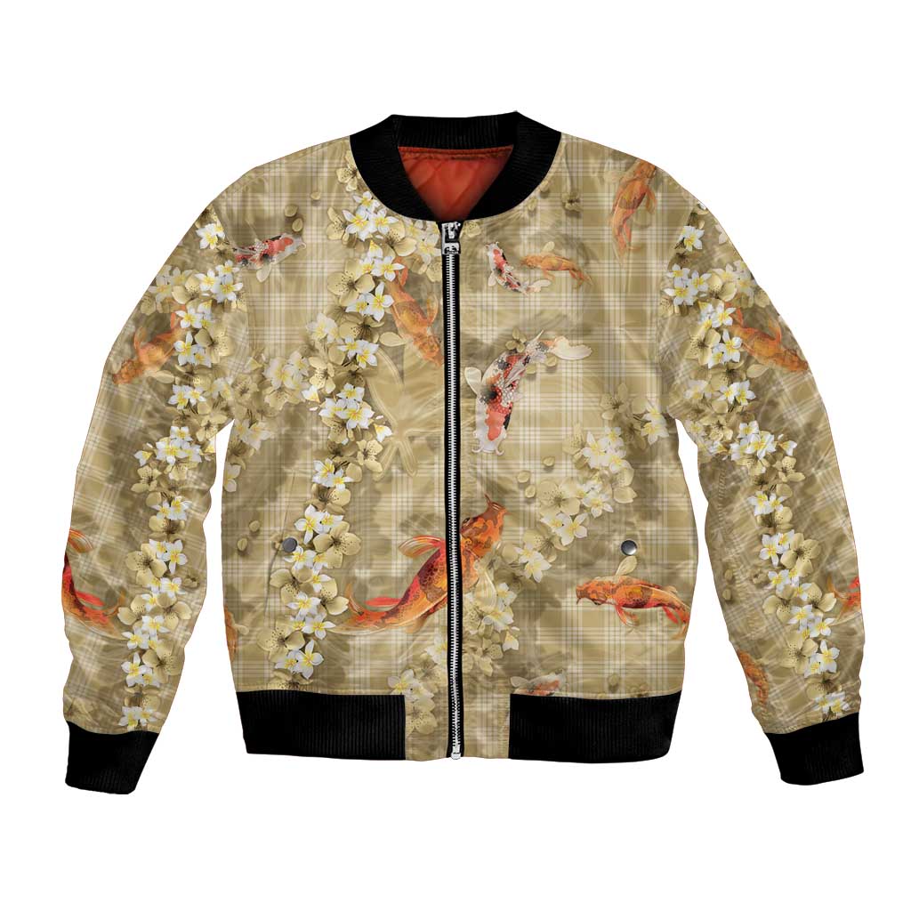 Beige Palaka Hawaiian And Japanese Bomber Jacket Sakura Lei With Koi Fish - Polynesian Pride