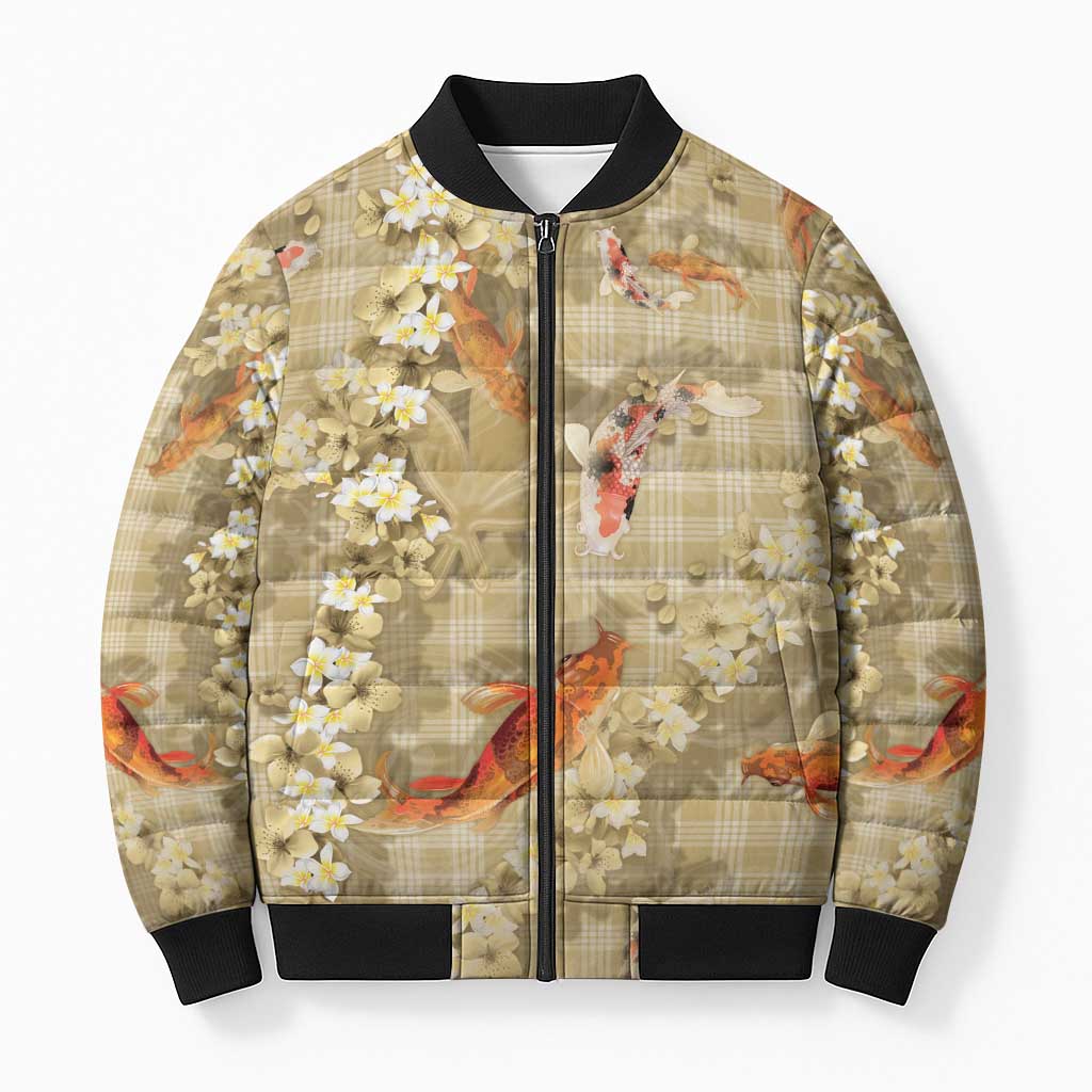 Beige Palaka Hawaiian And Japanese Bomber Puffer Jacket Sakura Lei With Koi Fish - Polynesian Pride