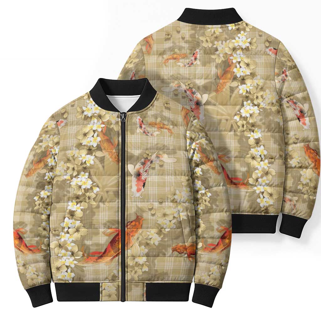 Beige Palaka Hawaiian And Japanese Bomber Puffer Jacket Sakura Lei With Koi Fish - Polynesian Pride