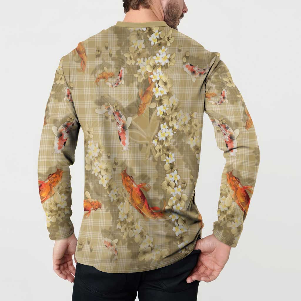 Beige Palaka Hawaiian And Japanese Button Sweatshirt Sakura Lei With Koi Fish - Polynesian Pride