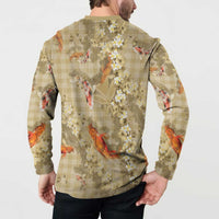 Beige Palaka Hawaiian And Japanese Button Sweatshirt Sakura Lei With Koi Fish - Polynesian Pride