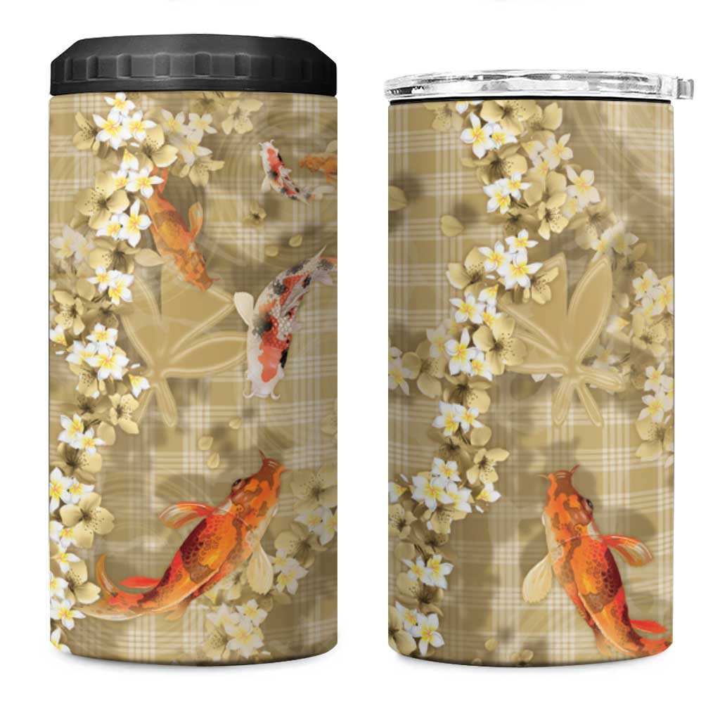 Beige Palaka Hawaiian And Japanese 4 in 1 Can Cooler Tumbler Sakura Lei With Koi Fish - Polynesian Pride