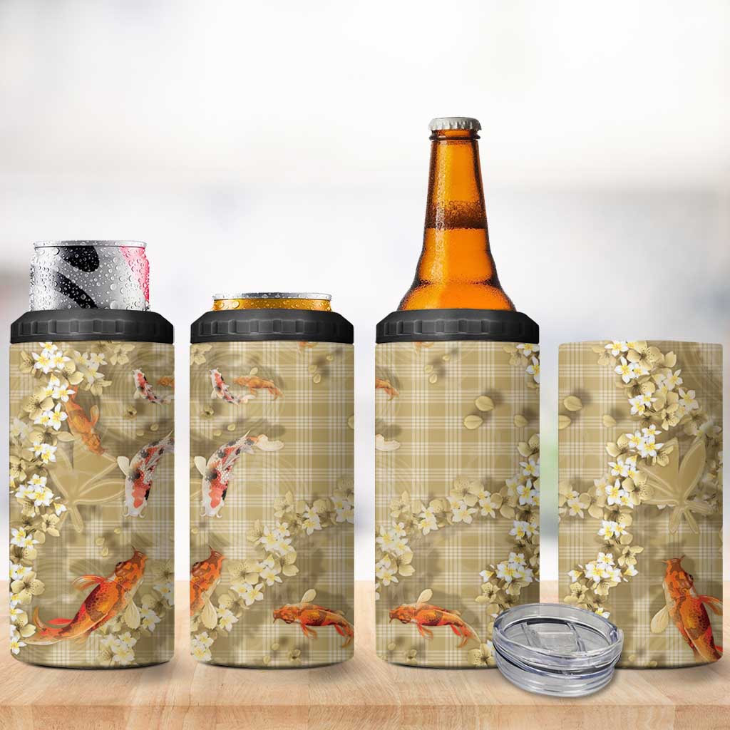 Beige Palaka Hawaiian And Japanese 4 in 1 Can Cooler Tumbler Sakura Lei With Koi Fish - Polynesian Pride