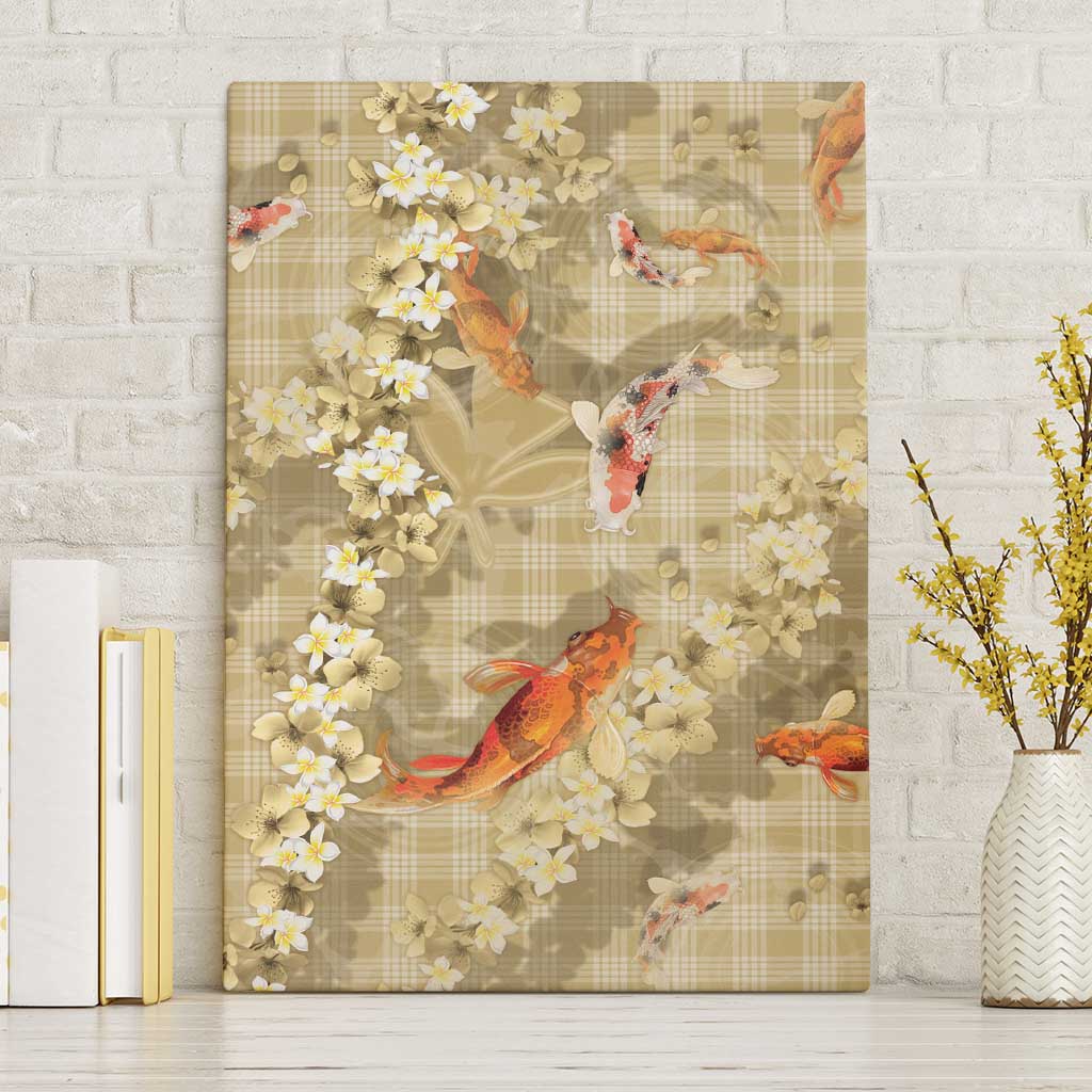 Beige Palaka Hawaiian And Japanese Canvas Wall Art Sakura Lei With Koi Fish - Polynesian Pride