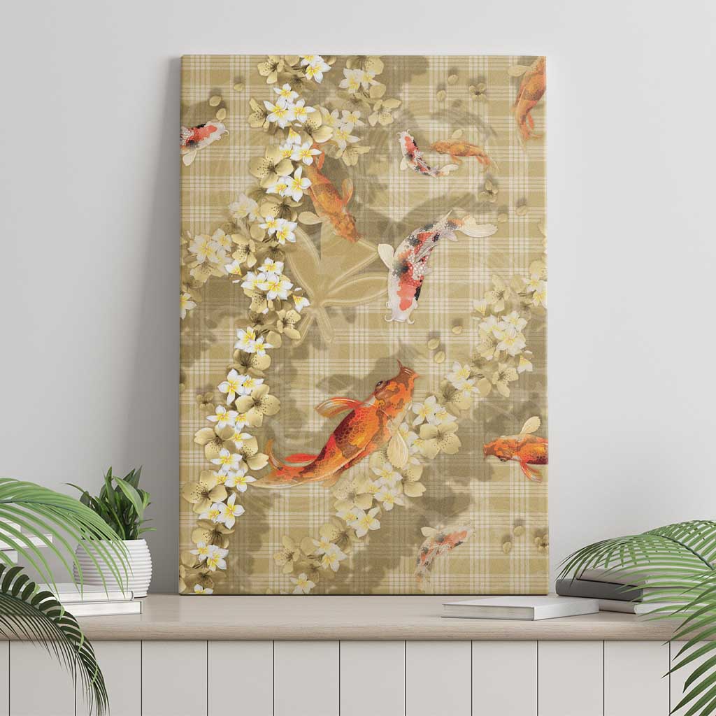 Beige Palaka Hawaiian And Japanese Canvas Wall Art Sakura Lei With Koi Fish - Polynesian Pride