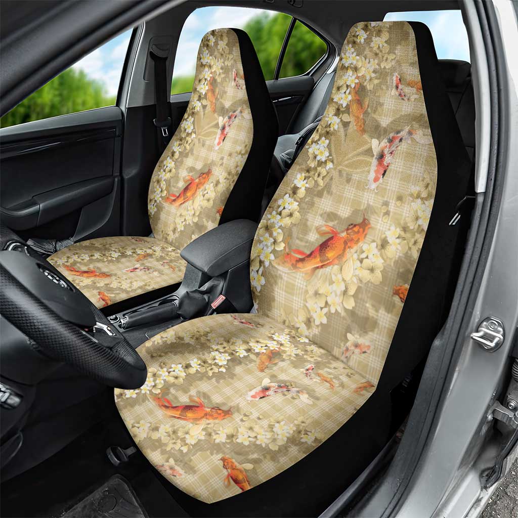 Beige Palaka Hawaiian And Japanese Car Seat Cover Sakura Lei With Koi Fish - Polynesian Pride