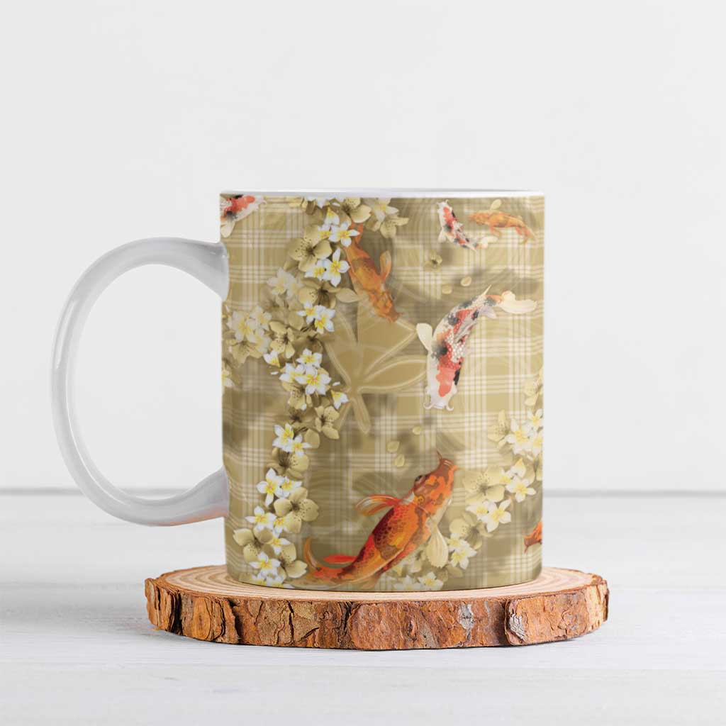 Beige Palaka Hawaiian And Japanese Ceramic Mug Sakura Lei With Koi Fish - Polynesian Pride