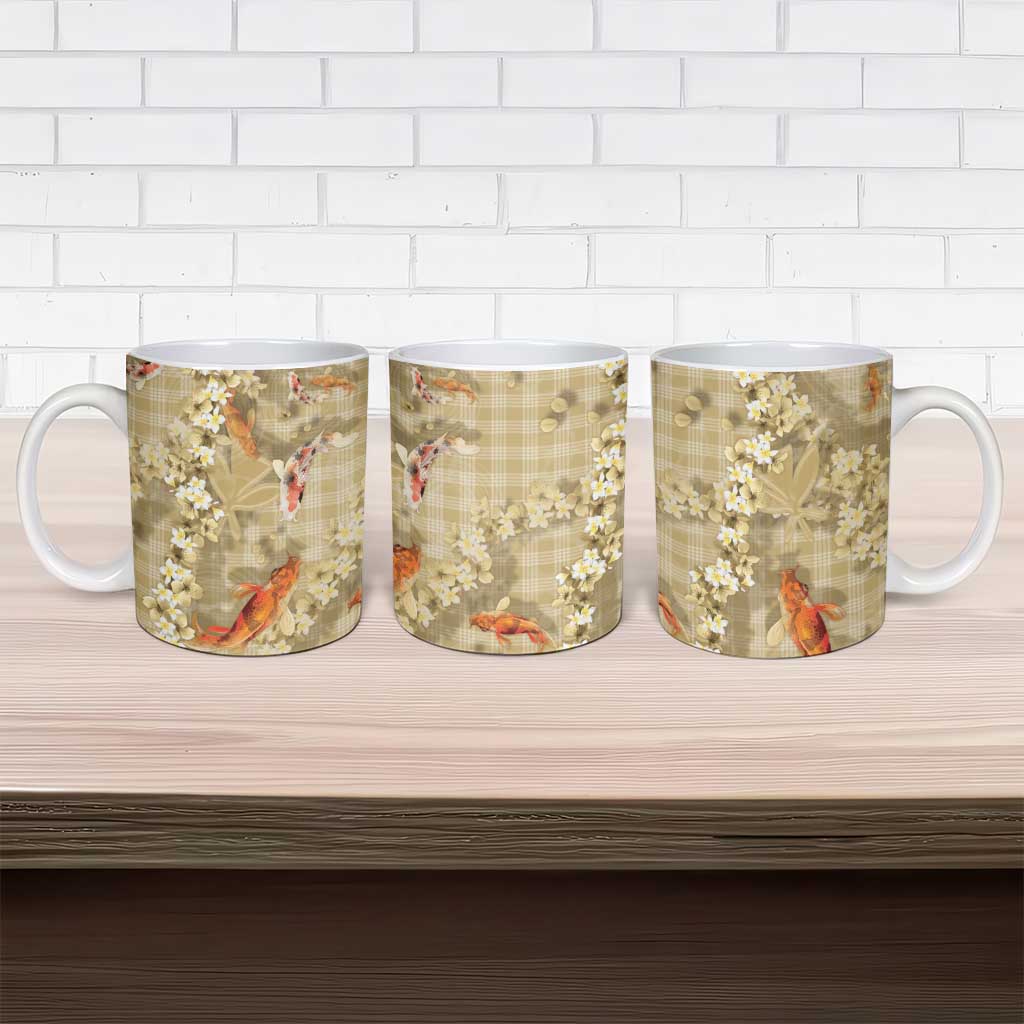 Beige Palaka Hawaiian And Japanese Ceramic Mug Sakura Lei With Koi Fish - Polynesian Pride