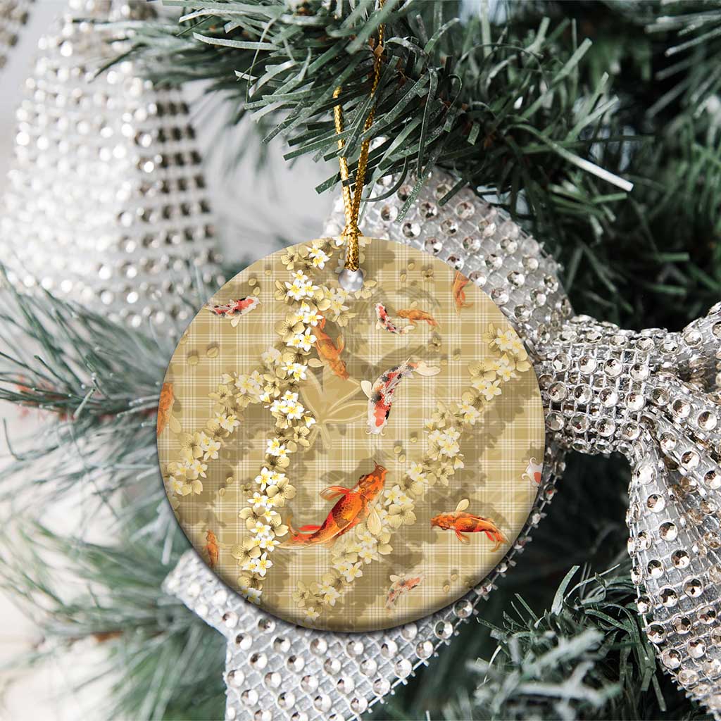 Beige Palaka Hawaiian And Japanese Ceramic Ornament Sakura Lei With Koi Fish - Polynesian Pride