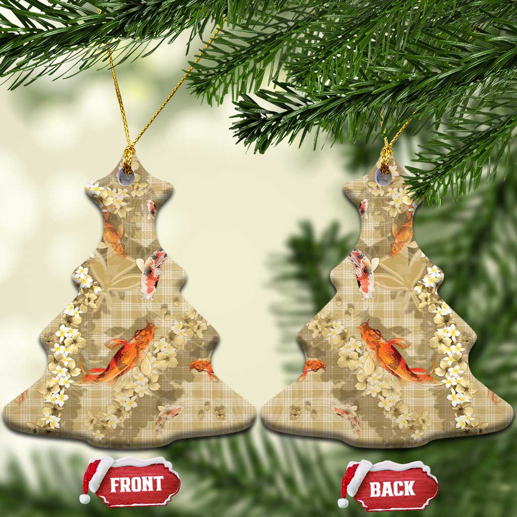 Beige Palaka Hawaiian And Japanese Ceramic Ornament Sakura Lei With Koi Fish - Polynesian Pride