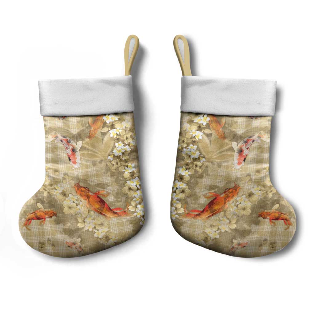 Beige Palaka Hawaiian And Japanese Christmas Stocking Sakura Lei With Koi Fish - Polynesian Pride