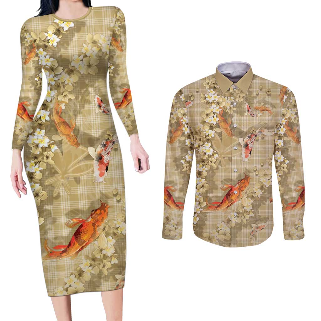 Beige Palaka Hawaiian And Japanese Couples Matching Long Sleeve Bodycon Dress and Long Sleeve Button Shirt Sakura Lei With Koi Fish - Polynesian Pride