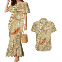 Beige Palaka Hawaiian And Japanese Couples Matching Mermaid Dress and Hawaiian Shirt Sakura Lei With Koi Fish - Polynesian Pride