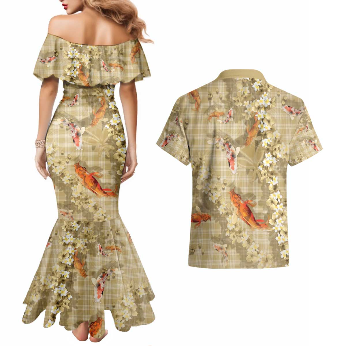 Beige Palaka Hawaiian And Japanese Couples Matching Mermaid Dress and Hawaiian Shirt Sakura Lei With Koi Fish - Polynesian Pride