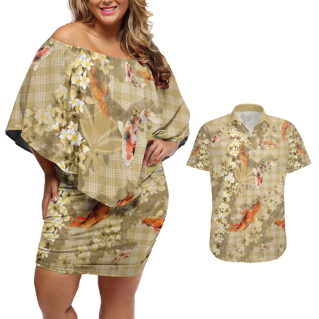 Beige Palaka Hawaiian And Japanese Couples Matching Off Shoulder Short Dress and Hawaiian Shirt Sakura Lei With Koi Fish - Polynesian Pride