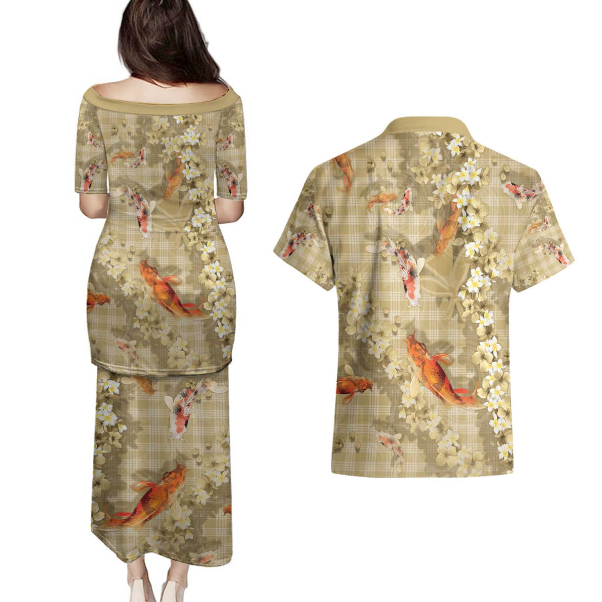 Beige Palaka Hawaiian And Japanese Couples Matching Puletasi and Hawaiian Shirt Sakura Lei With Koi Fish - Polynesian Pride