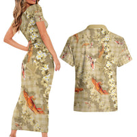 Beige Palaka Hawaiian And Japanese Couples Matching Short Sleeve Bodycon Dress and Hawaiian Shirt Sakura Lei With Koi Fish - Polynesian Pride