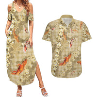 Beige Palaka Hawaiian And Japanese Couples Matching Summer Maxi Dress and Hawaiian Shirt Sakura Lei With Koi Fish - Polynesian Pride