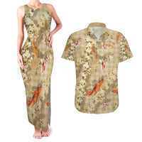 Beige Palaka Hawaiian And Japanese Couples Matching Tank Maxi Dress and Hawaiian Shirt Sakura Lei With Koi Fish - Polynesian Pride