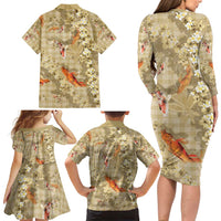 Beige Palaka Hawaiian And Japanese Family Matching Long Sleeve Bodycon Dress and Hawaiian Shirt Sakura Lei With Koi Fish - Polynesian Pride