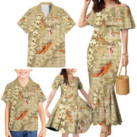 Beige Palaka Hawaiian And Japanese Family Matching Mermaid Dress and Hawaiian Shirt Sakura Lei With Koi Fish - Polynesian Pride