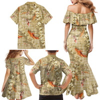 Beige Palaka Hawaiian And Japanese Family Matching Mermaid Dress and Hawaiian Shirt Sakura Lei With Koi Fish - Polynesian Pride