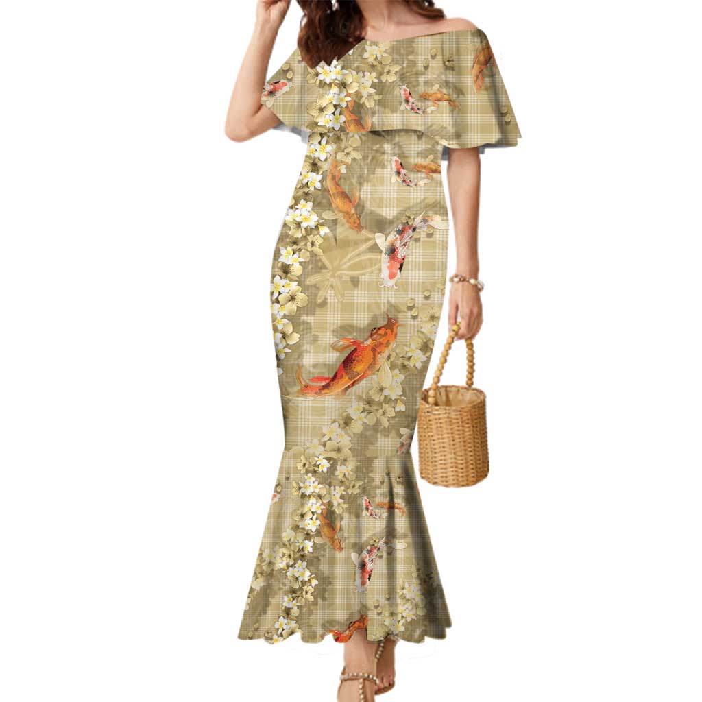 Beige Palaka Hawaiian And Japanese Family Matching Mermaid Dress and Hawaiian Shirt Sakura Lei With Koi Fish - Polynesian Pride