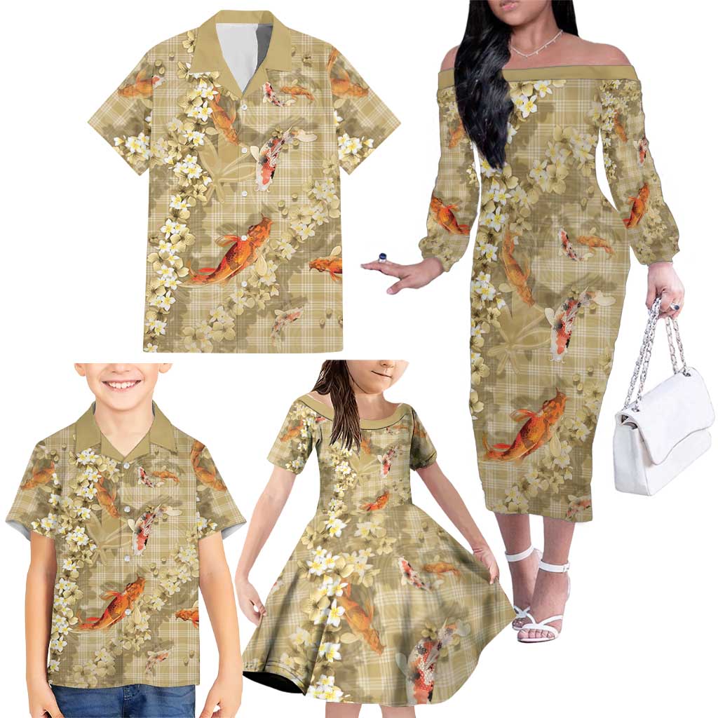 Beige Palaka Hawaiian And Japanese Family Matching Off The Shoulder Long Sleeve Dress and Hawaiian Shirt Sakura Lei With Koi Fish DT05 - Polynesian Pride