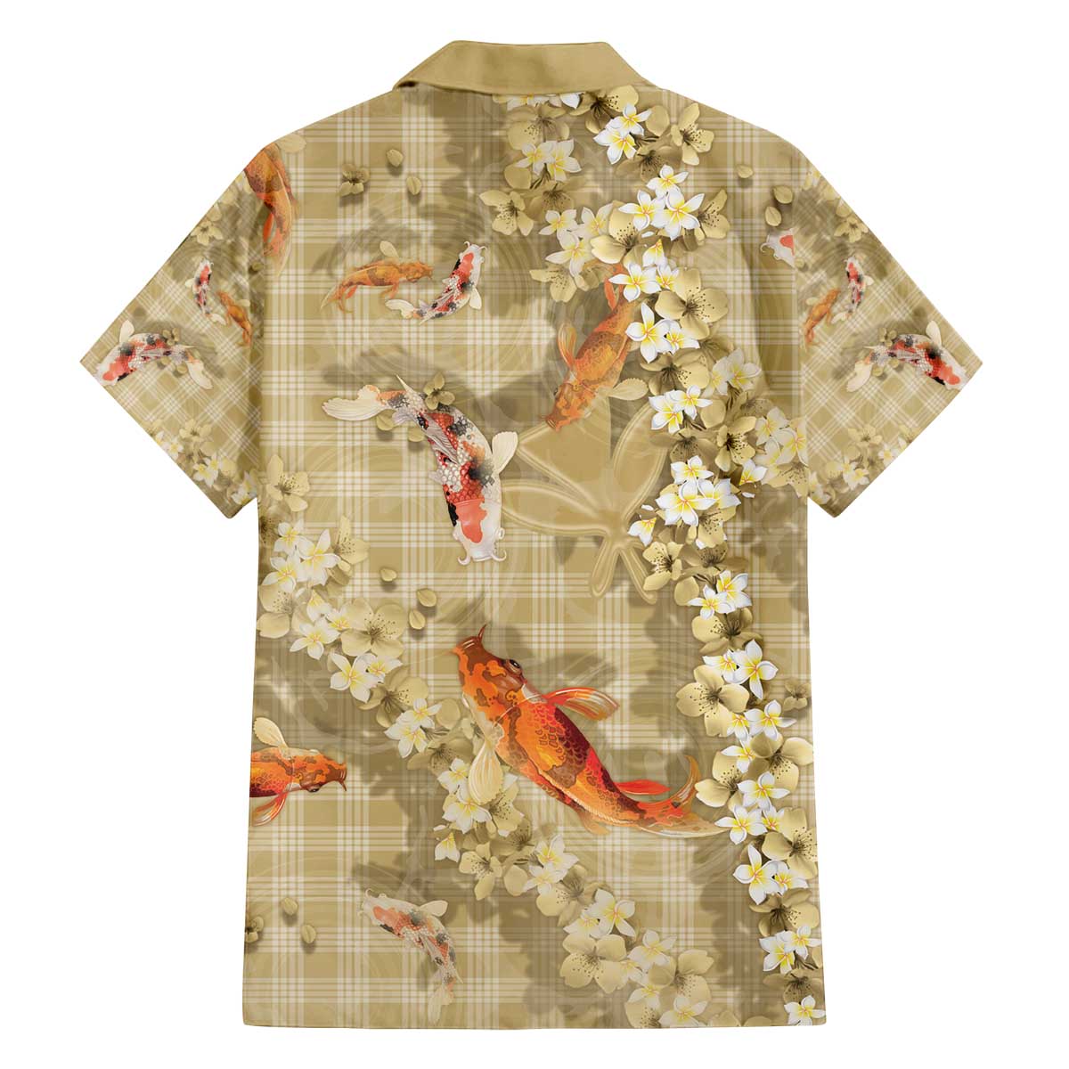 Beige Palaka Hawaiian And Japanese Family Matching Off The Shoulder Long Sleeve Dress and Hawaiian Shirt Sakura Lei With Koi Fish - Polynesian Pride