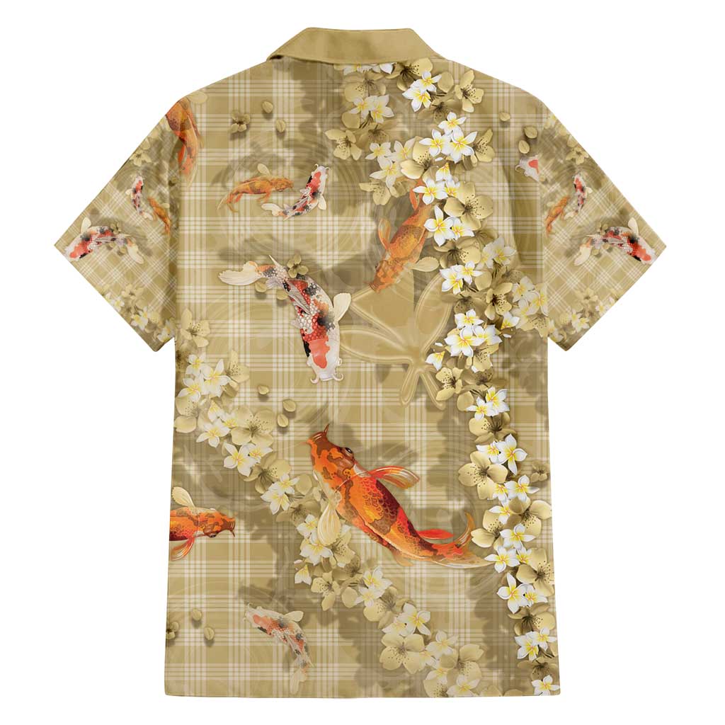 Beige Palaka Hawaiian And Japanese Family Matching Off Shoulder Maxi Dress and Hawaiian Shirt Sakura Lei With Koi Fish - Polynesian Pride